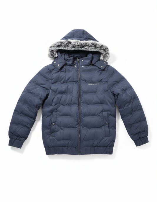 Armani Lux Hooded Puffer Jacket - Navy Blue | Premium Design, Faux Fur Trim, and Exceptional Warmth