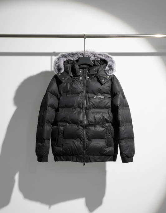 Armani Men's Black Puffer Jacket with Detachable Faux Fur Hood