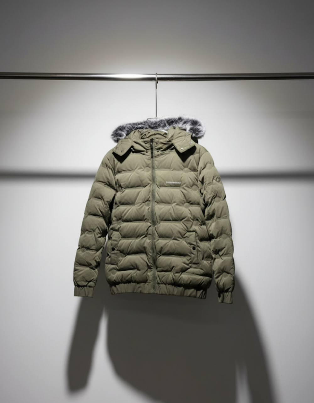 Armani Men's Olive Green Puffer Jacket with Detachable Faux Fur Hood